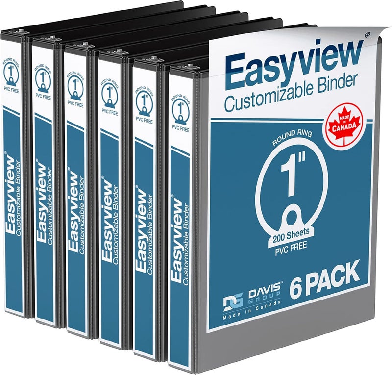 Davis Group مجلدات Easyview Premium ذات 3 حلقات مع أغطية شفافة وحلقات دائرية، مجلدات للمدرسة أو المكتب، 1 بوصة، عبوة من 6 قطع، أسود - Image 1